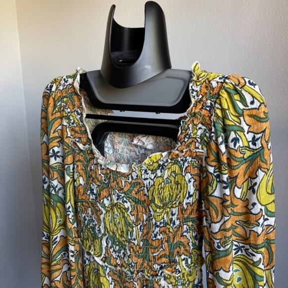 Anthropologie The Rayna Relaxed Smocked Yellow Floral Long Sleeve Mesh Blouse - Picture 10 of 10